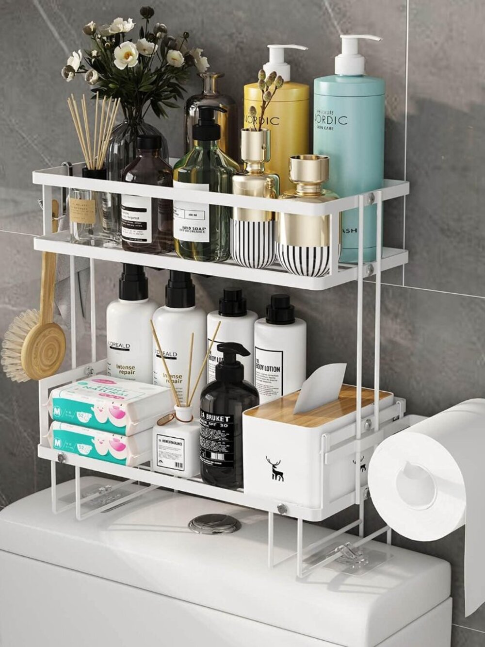 Bathroom Organizer - Over The Toilet Storage Cabinet, 2-Tier Floating Shelves, W